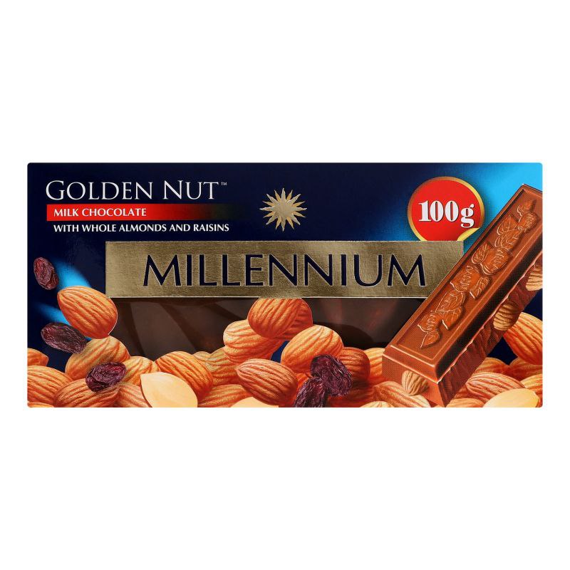 Шоколад Millennium Gold молочний з цілим мигдалем та родзинками 100г